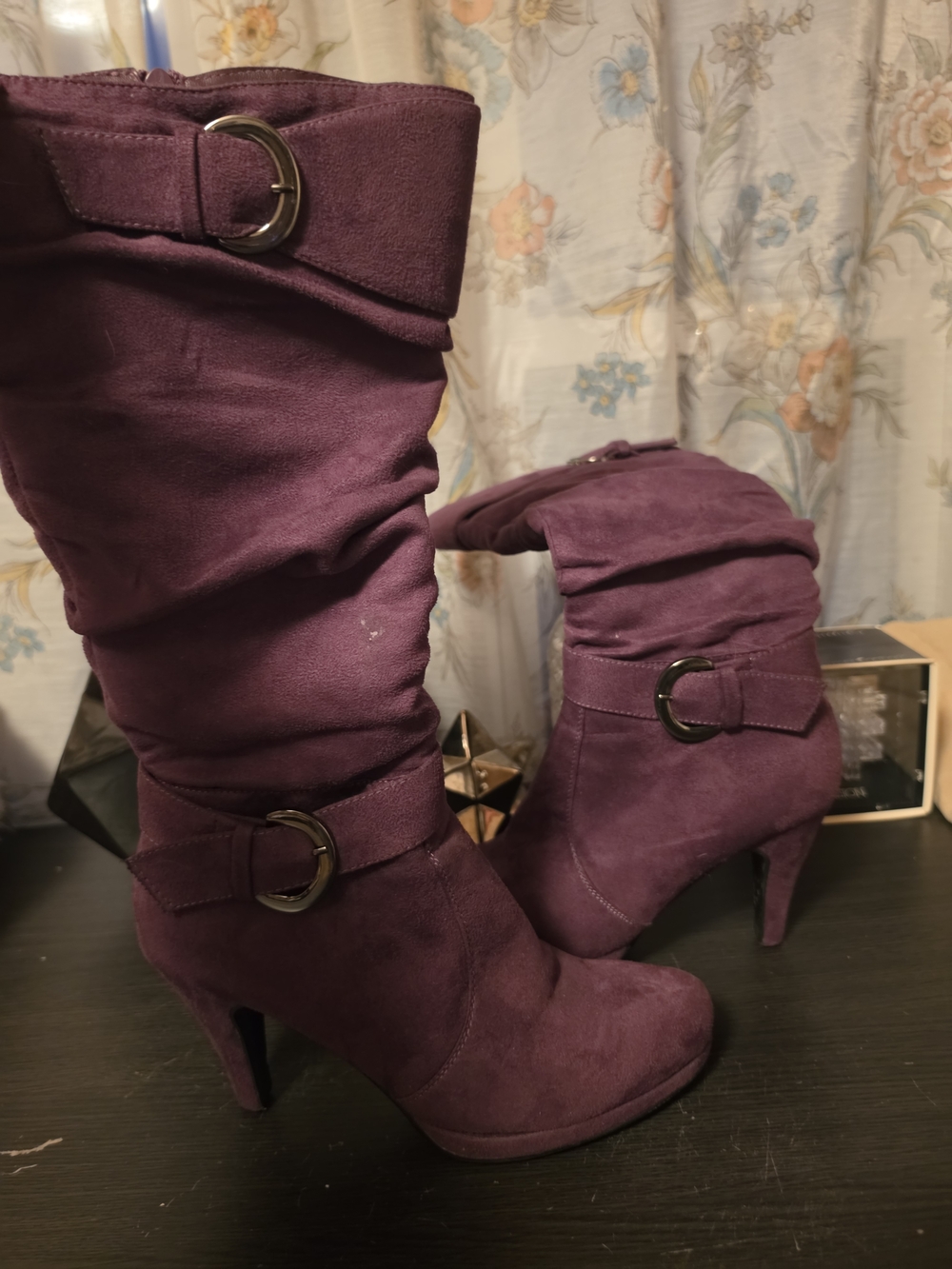 Forever Link Purple Suede Slouchy Mid-Calf Heeled Boots